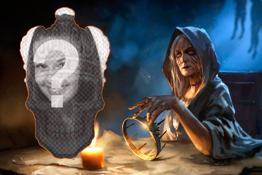 Collage siniestro de una bruja y un esqueleto como marco fotográfico. ..