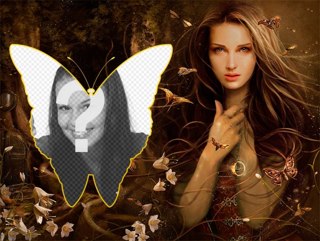 Collage romántico lleno de mariposas y campanillas, con una chica del bosque. ..