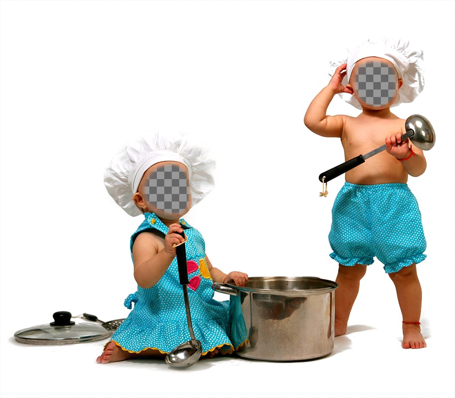 Fotomontaje con dos bebés vestidos de cocinero para que les pongas cara. ..