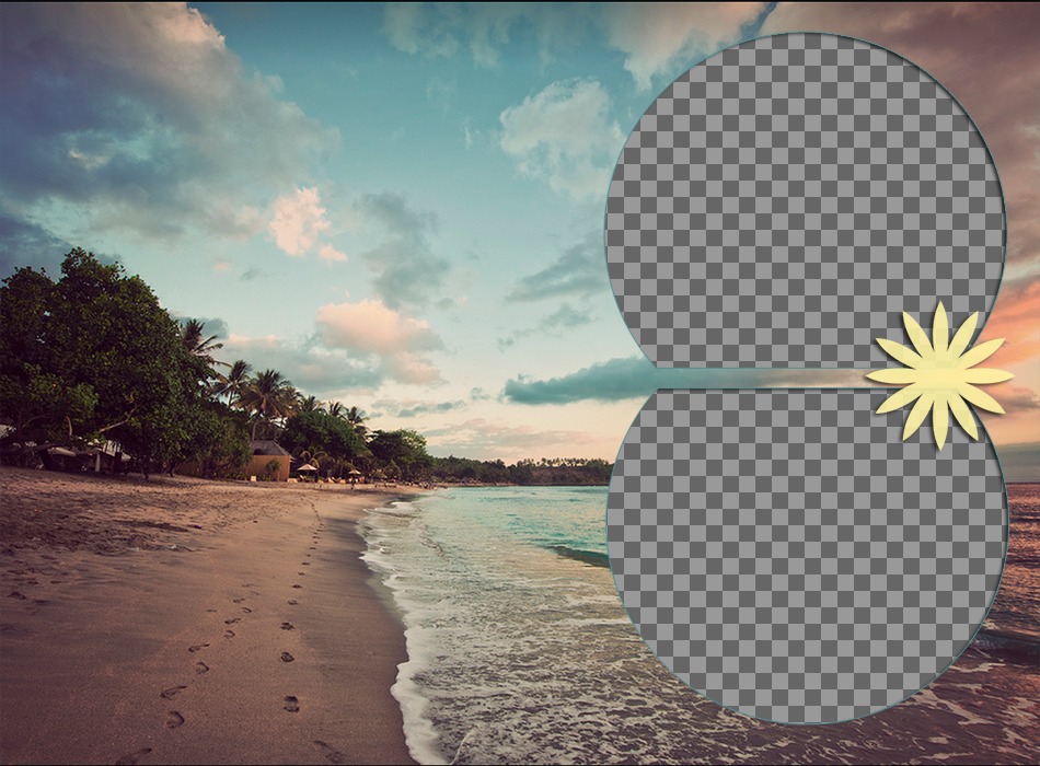 Collage de amor en una playa tropical para poner dos fotografías sobre el mar mientras atardece...