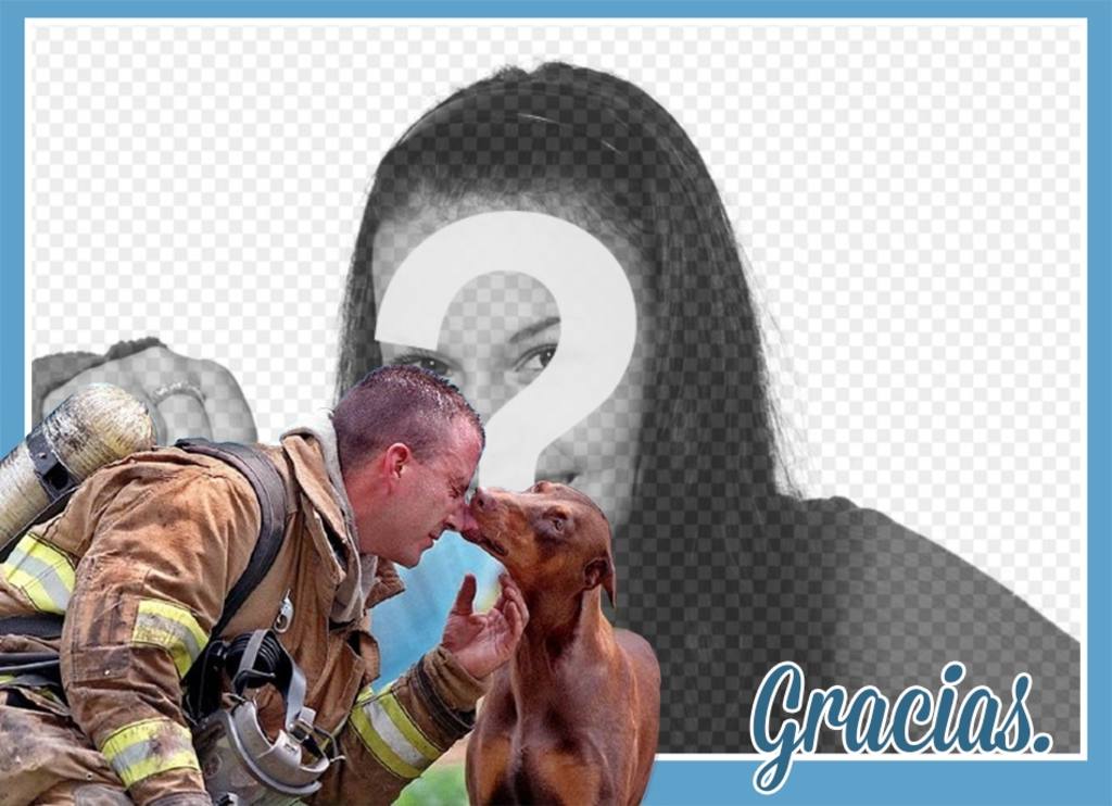 Bonita tarjeta de agradecimiento con un bombero habiendo salvado a un perrito. ..