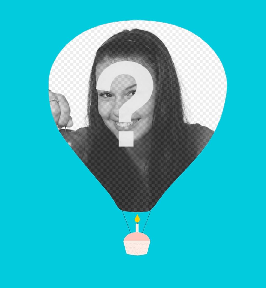 Postal de cumpleaños con tu foto en un globo y un cupcake flotante. ..