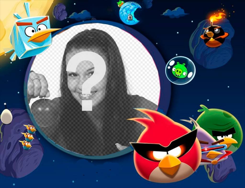 Marco de fotos infantil de Angry Birds en el espacio ambientado en el juego. ..