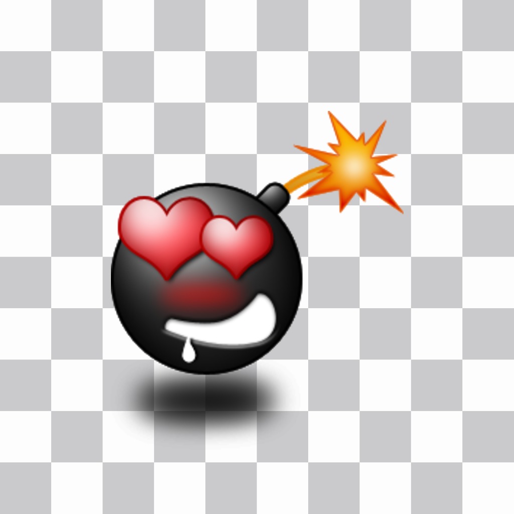 Emoticono de bomba encendida con corazones en los ojos que puedes usar como sticker en tus fotos..