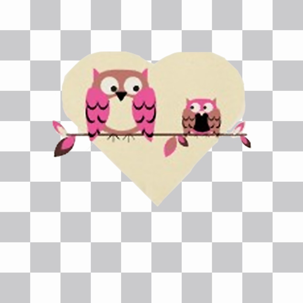 Sticker de buho papa e hijo de color rosa con fondo con forma de corazón para poner en tus fotos. ..