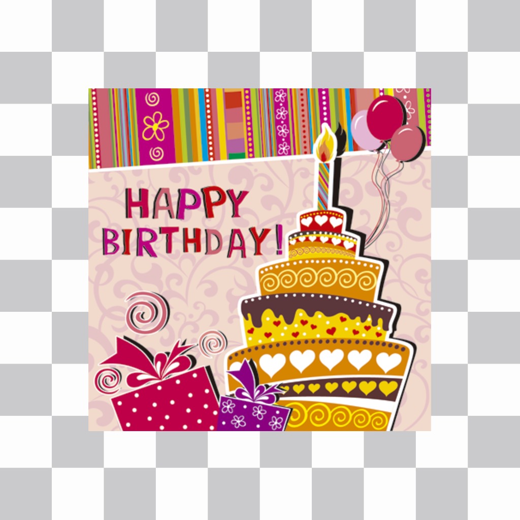 Sticker para felicitar un cumpleaños con la imagen de un pastel en una fiesta que puedes incrustar en tus fotos. Con el texto HAPPY BIRTHDAY, un pastel con una vela dibujado y adornos de..