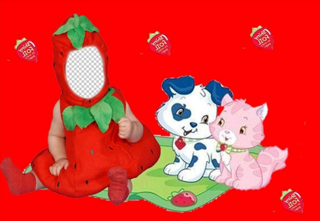 Disfraz virtual para niños de fresa con un fondo rojo y con perritos ..