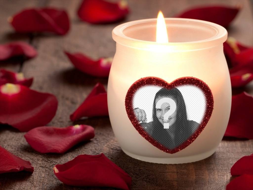 Fotomontaje de amor con una vela y un corazón. ..