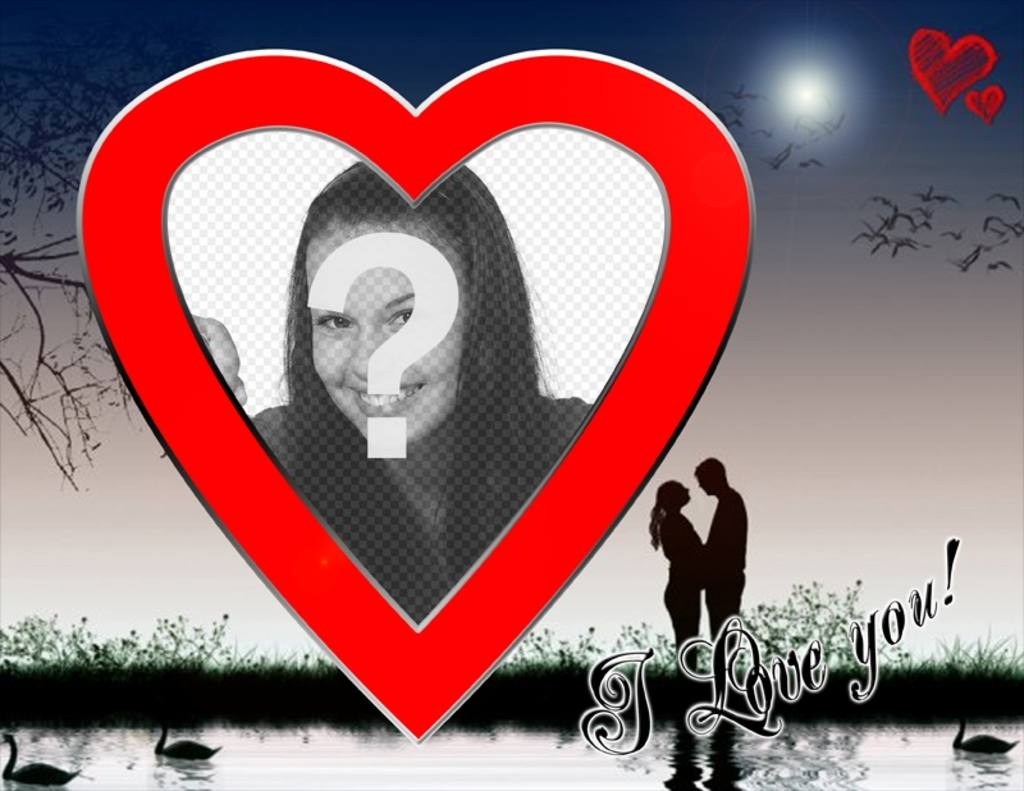 Postal de San Valentín Amor en el lago, con forma de corazón..