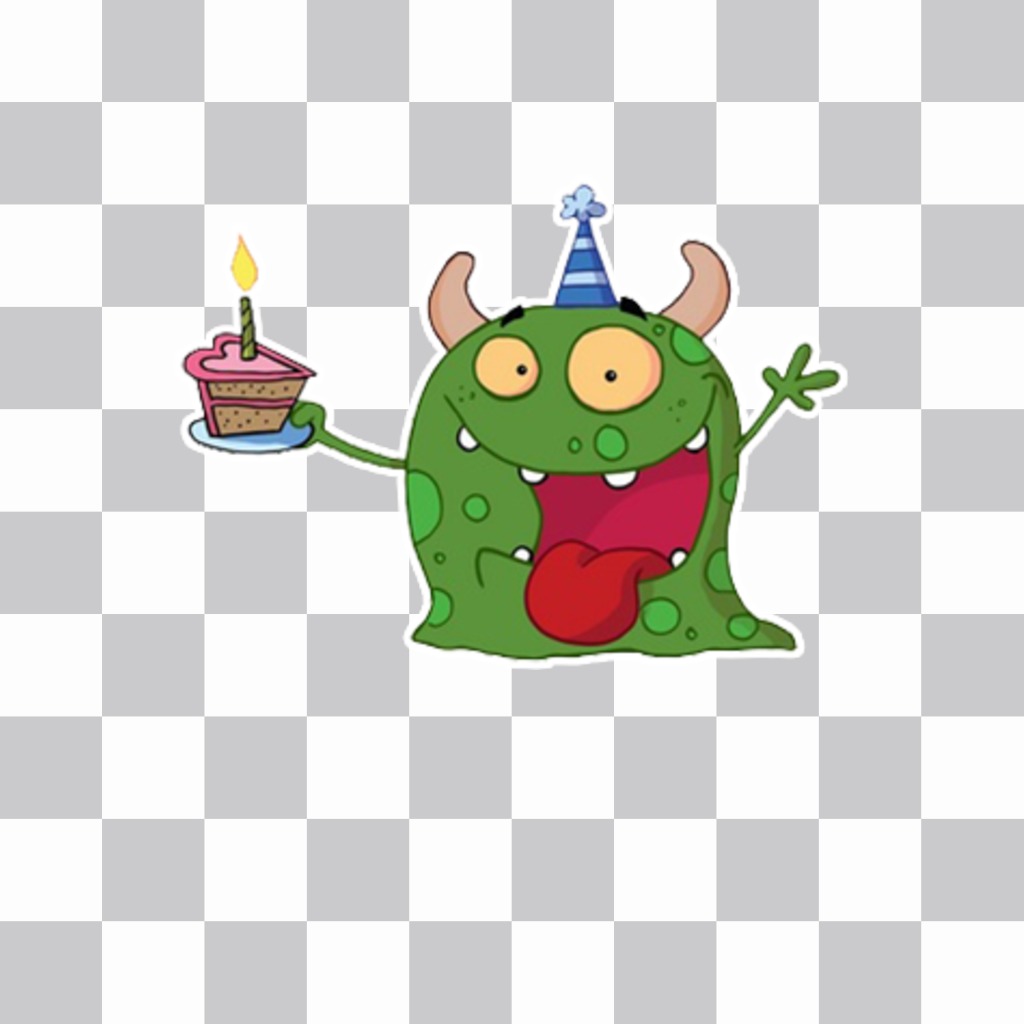 Sticker con un pequeño monstruo con una tarta con vela para pegar en tus fotos ..