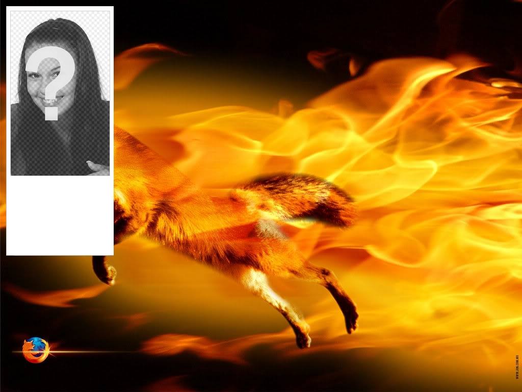 Inserta tu fotografía en este marco con un zorro rodeado de llamas, colores naranja fuego y..