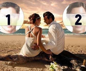 collage romantico pareja playa celebrando reciente boda