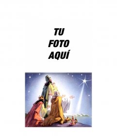 Tarjeta navideña de los tres reyes magos de Oriente con sus ofrendas llegando a