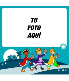Tarjeta con una ilustración de niños disfrazados de Reyes Magos 