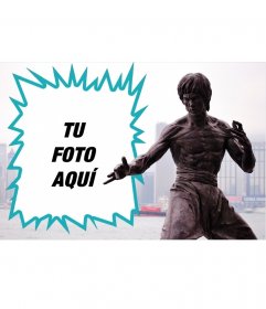 Collage con una estatua de Bruce Lee 
