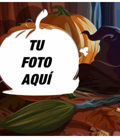 Collage con calabazas, escoba y sombrero de bruja