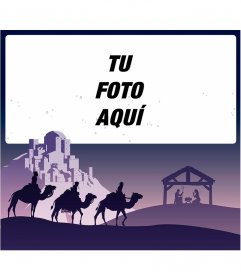 Postal de navidad con un dibujo de los tres reyes magos con tu foto 