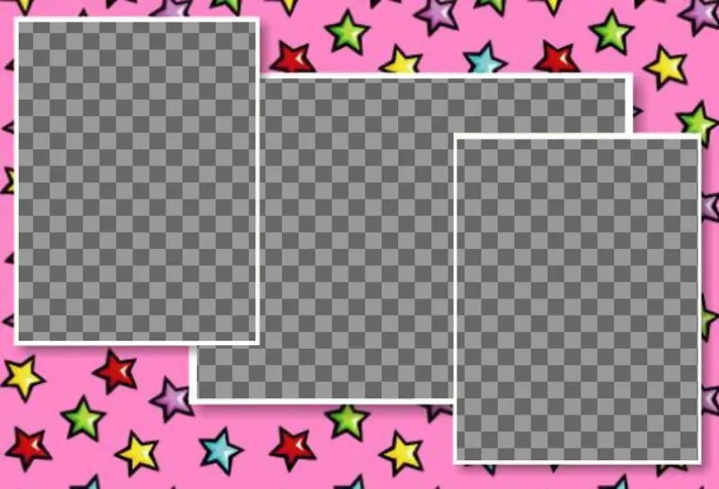 Tarjeta personalizada de cumpleaños con 3 fotos. Fondo rosa con estrellas de colores...