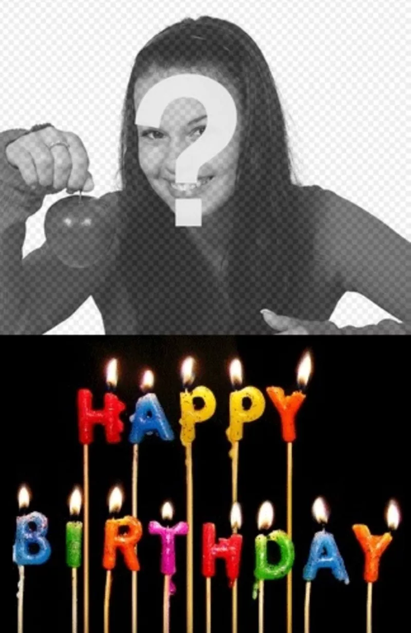 Plantilla para crear una tarjeta de cumpleaños personalizable con tu foto, con velas con el texto Happy Birthday...