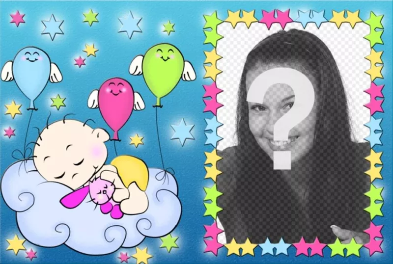 Marco para fotos con dibujo de un recién nacido abrazado a un conejo de..