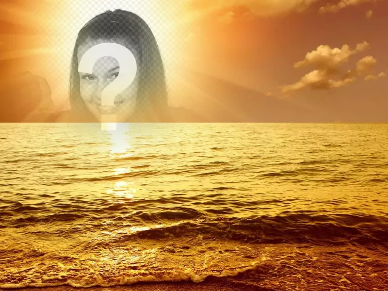 Fotomontaje con una puesta de sol marina, en el que una cara o recorte de imagen aparece en el centro del astro rey, bañando con un resplandor dorado un mar con ligero..