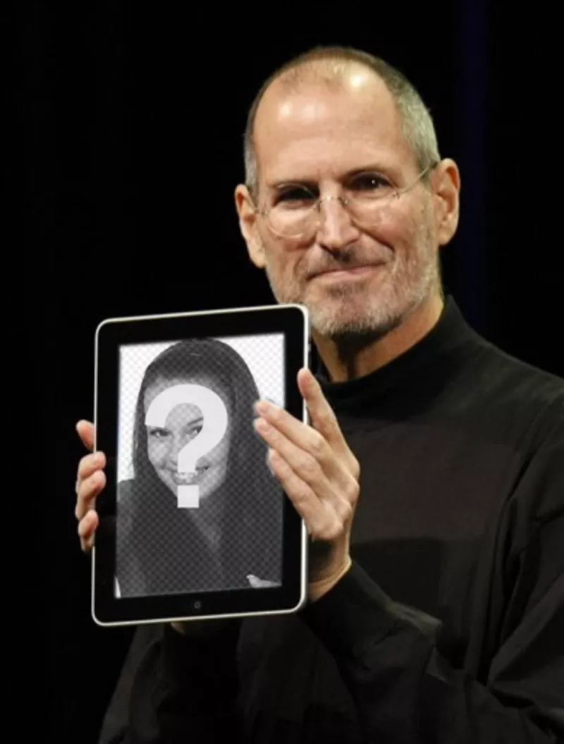 Fotomontaje con personajes populares. en este montaje fotográfico, Steve Jobs, presidente de Apple, muestra orgulloso tu foto en un..