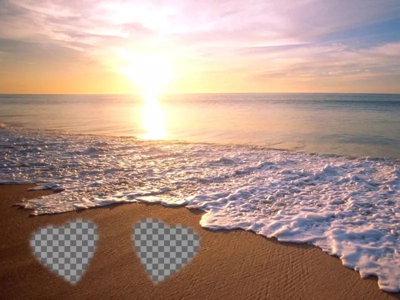 Pon dos fotos en la arena de la playa con una puesta de sol de fondo en la..