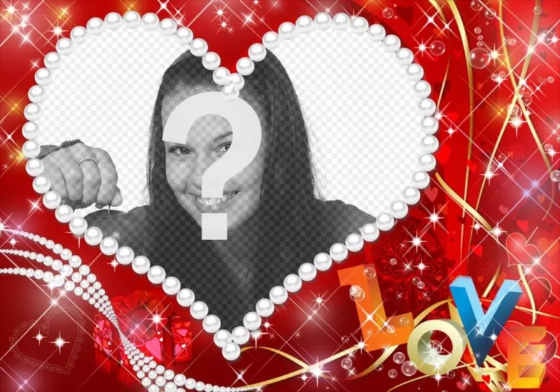 Foto efecto con forma de corazón hecho con perlas y el texto LOVE en..