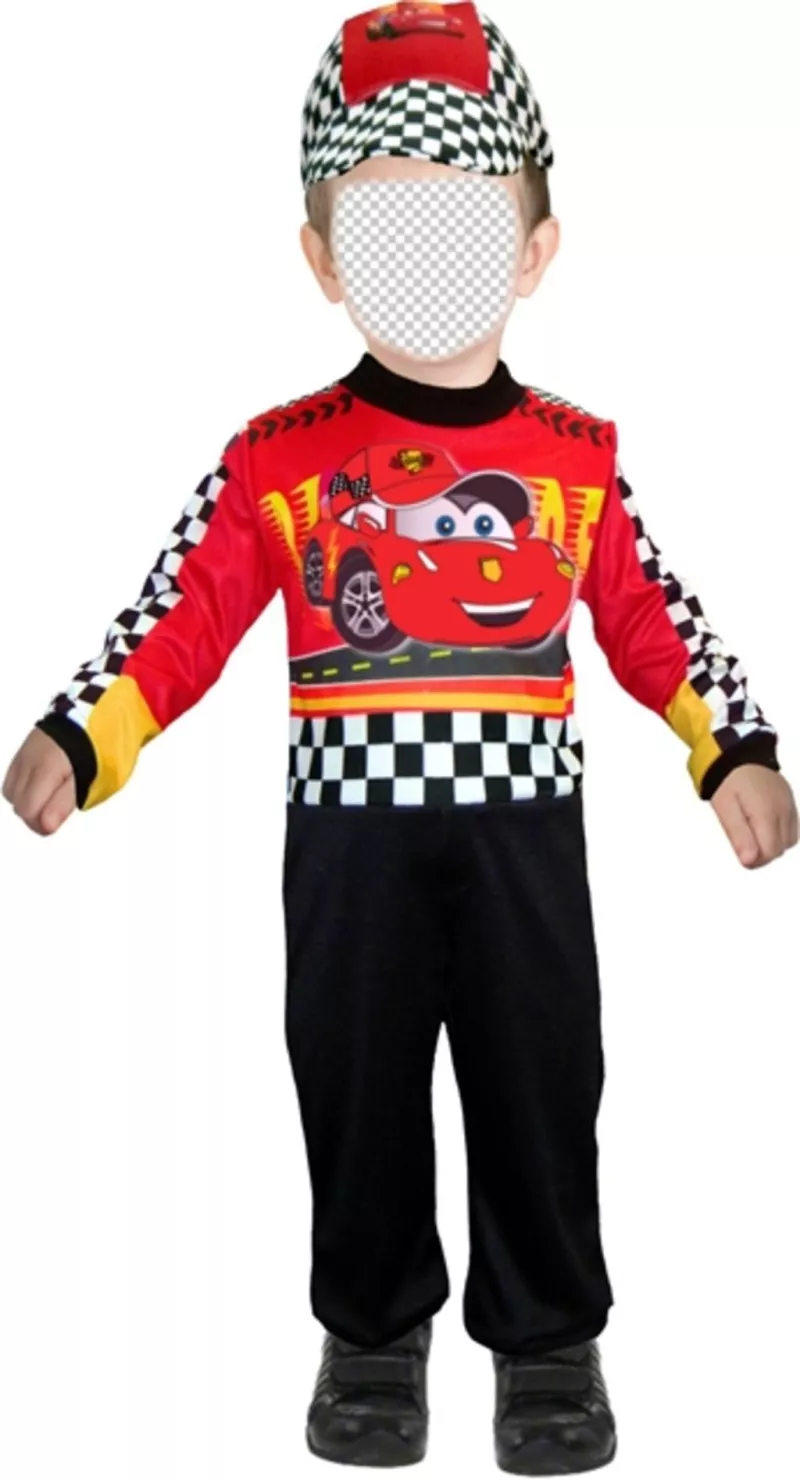 Fotomontaje personalizable de un niño disfrazado de piloto de coches ..