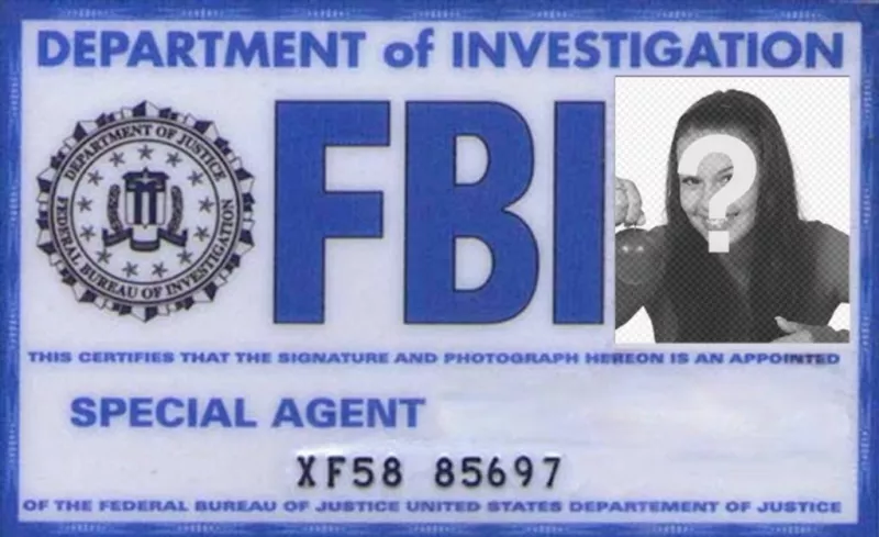 Crea tu tarjeta personalizada de Agente especial del departamento de investigación del FBI y añade tu foto, nombre y