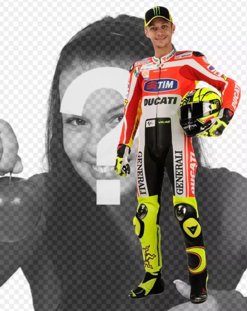 Fotomontaje con Valentino Rossi de Motogp con su uniforme de Ducati y el casco bajo el brazo. Aparece junto al famoso motorista, (ahora Yamaha) y añade texto en la imágen..
