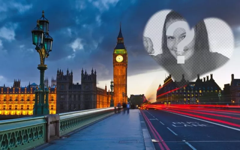Fotomontaje de amor en Londres con el Big Ben de fondo y un corazón semitransparente donde colocar la foto que..