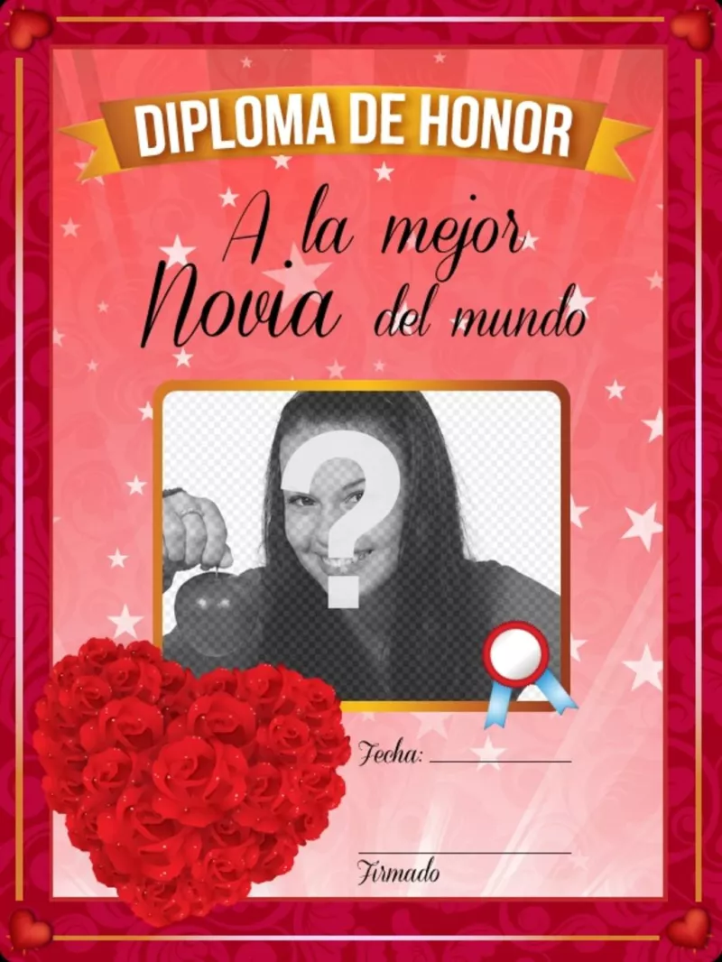 Diploma personalizado a la mejor novia de todo mundo con un ramo de flores en forma de corazón y un marco para poner una..