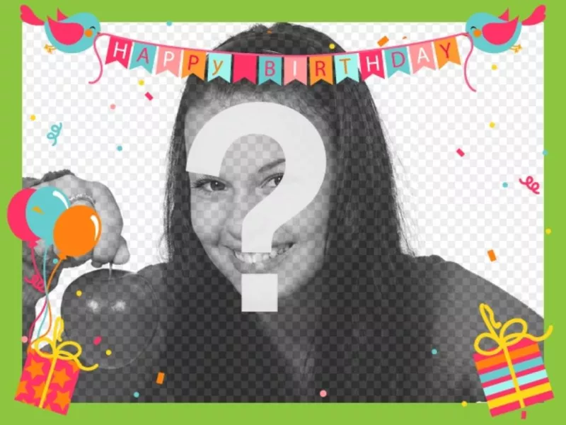 Tarjeta de cumpleaños con globos, banderitas con pájaros, regalos, confetti y marco..
