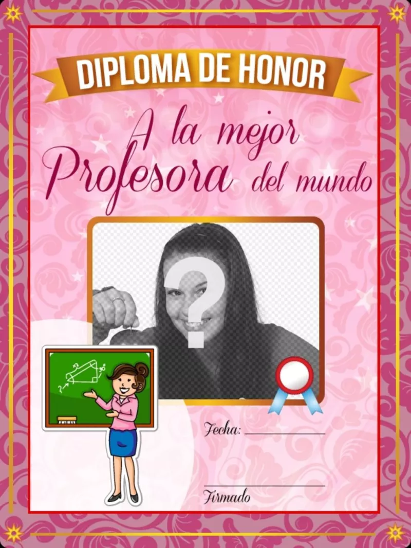 Diploma a la mejor profesora del mundo donde poner una foto con un fondo..