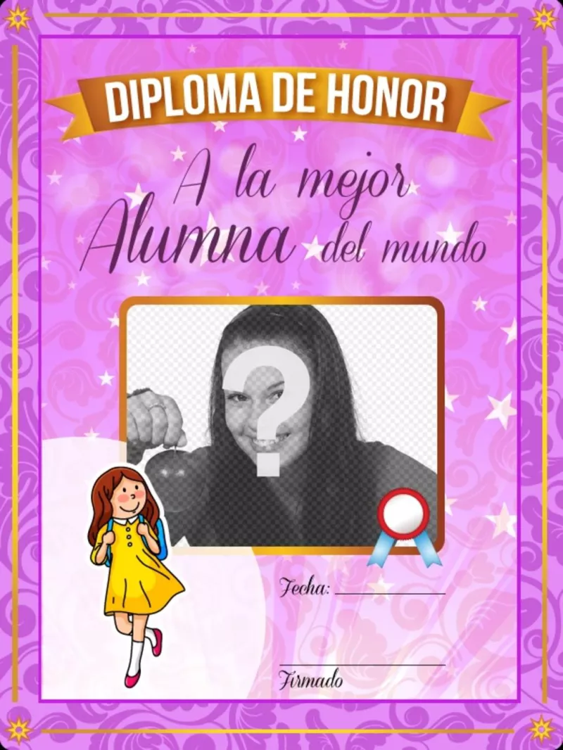 Diploma gratis rosa para la mejor alumna del mundo para poner una fotografía y una..