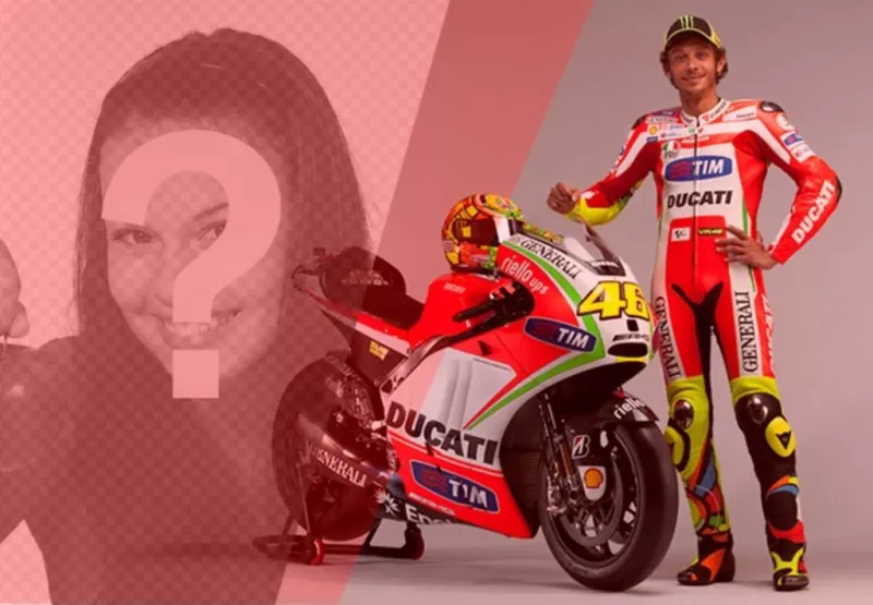 Crea un fotomontaje con Valentino Rossi, piloto de motos, junto con su moto roja y blanca y un filtro rojo para tu..
