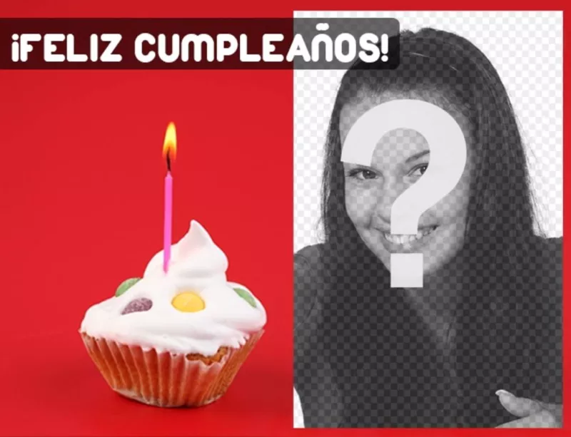 Tarjeta de cumpleaños roja minimalista con un pastel con una velita sobre un fondo rojo y un texto de feliz cumpleaños y un hueco para poner la foto del