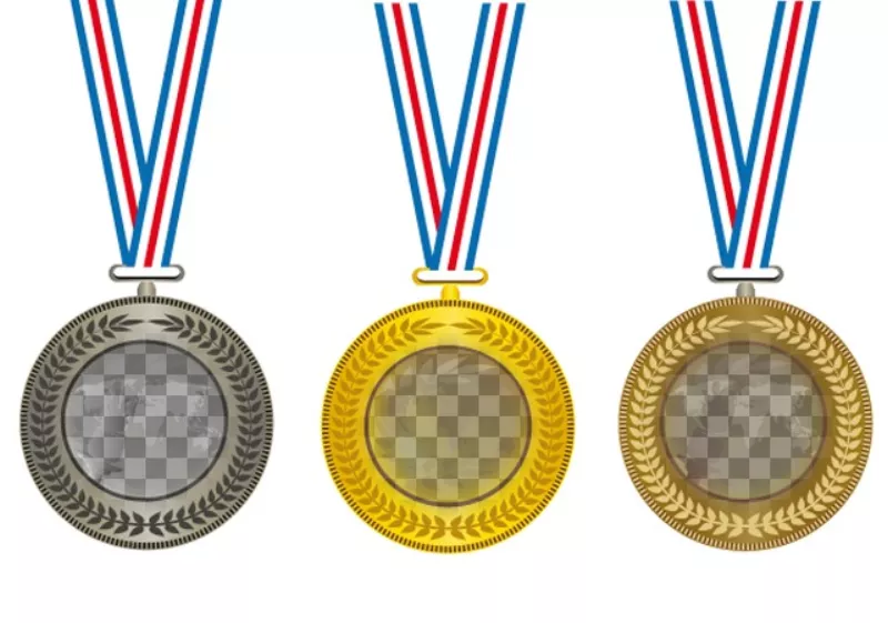 Collage con tres medallas de oro, plata y bronce, para poner en el centro tres fotos de los..