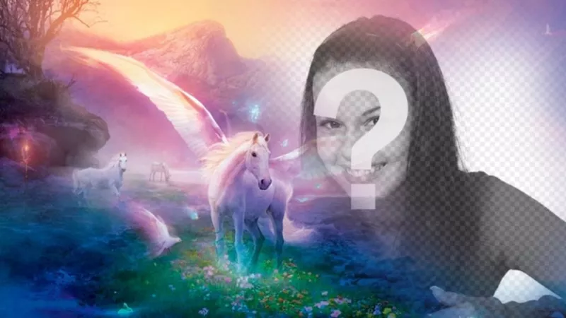 Fotomontaje de fantasia para poner tu foto junto a unicornios blancos en un paisaje de ensueño..