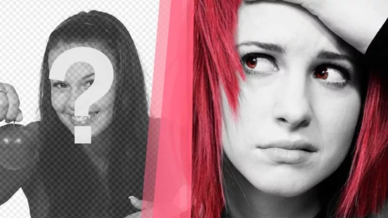 Crea un collage con Hayley Williams, la cantante de Paramore en blanco y negro con el pelo y los ojos fucsias y una foto tuya en la parte