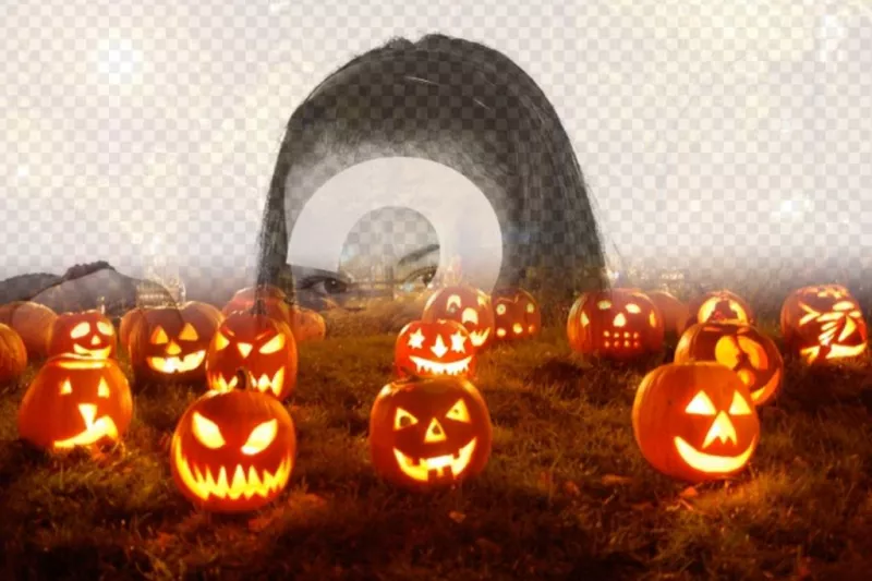 Collage de Halloween para superponer una fotografía que subas con una de unas calabazas naranjas luminosas en un jardín..