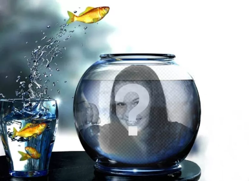 Crea un fotomontaje con una pecera llena de agua con peces amarillos saltando desde un vaso donde pondrás una..