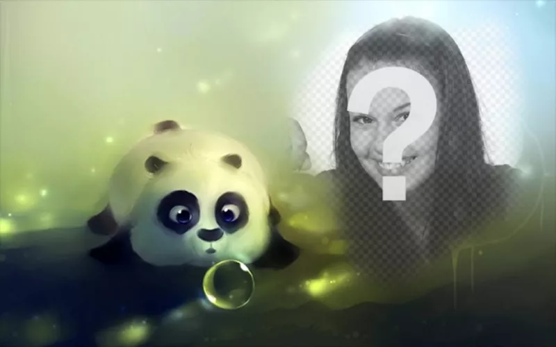 Fotomontaje con un oso panda dibujado soplando a una pompa de jabón y un hueco a la derecha donde poner una..