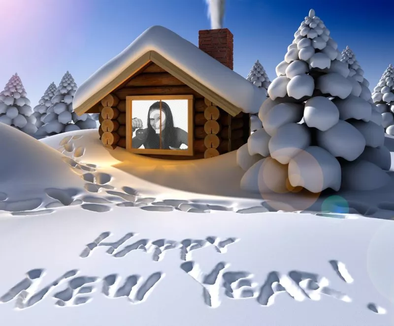 Original tarjeta de felicitación del año nuevo escrito sobre la nieve con tu foto dentro de una casa nevada. ..