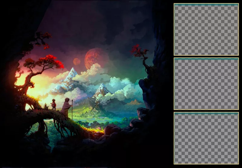 Fondo de pantalla con un viaje a las montañas mágicas para poner tres fotografías. ..