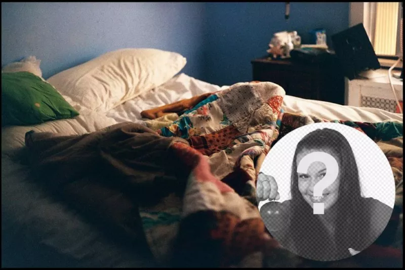 Collage para poner una foto en una escena de despertar con una cama deshecha. ..