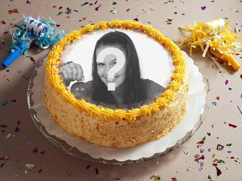 Fotomontaje con fiesta, confetti y una tarta de cumpleaños ..