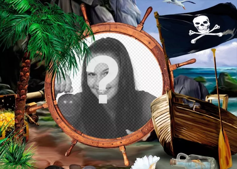Collage para fotos de piratas con una bandera, un barco y tesoros, para poner tu foto en un timón. ..