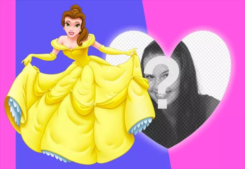 Collage de fotos con la princesa Bella vestida de gala junto al marco en forma de corazón. ..